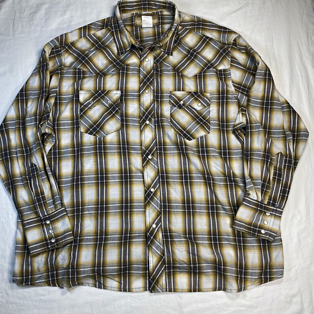 Wrangler Cotton Blend Woven Long Sleeve Snap Button-Up L Gray Plaid Western